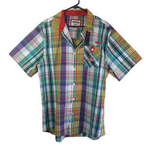 PARISH Men's 2X White, Green, Multicolor Plaid Button Front, Short Sleeve Shirt